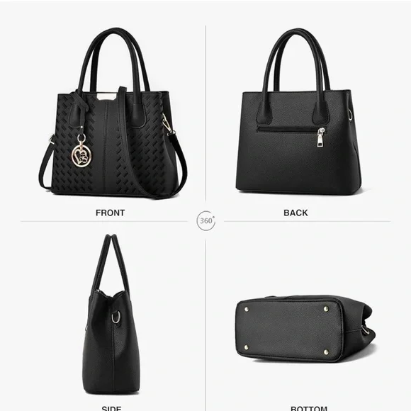 Black Woven Tote Satchel Handbag - Picture 6 of 7